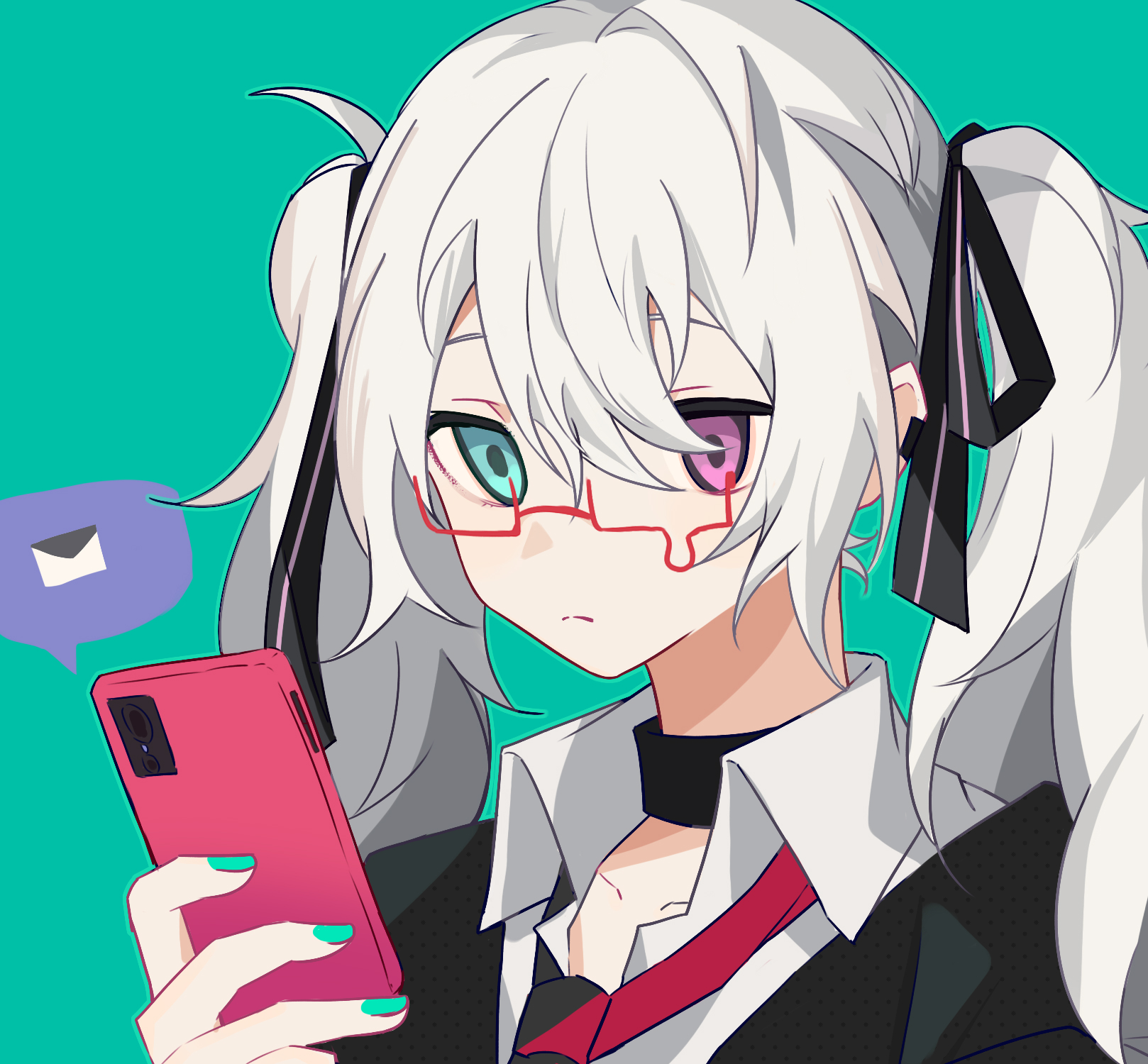 1girl 25-ji_miku aqua_background aqua_eyes bespectacled black_choker black_jacket black_necktie black_ribbon choker closed_mouth collarbone collared_shirt commentary english_commentary expressionless gift_art glasses green_nails hair_between_eyes hair_ribbon hand_up hatsune_miku heterochromia highres holding holding_phone jacket looking_at_phone nail_polish necktie outline phone pink_eyes portrait project_sekai red-framed_eyewear ribbon semi-rimless_eyewear shirt simple_background twintails vocaloid white_hair white_shirt ximuye