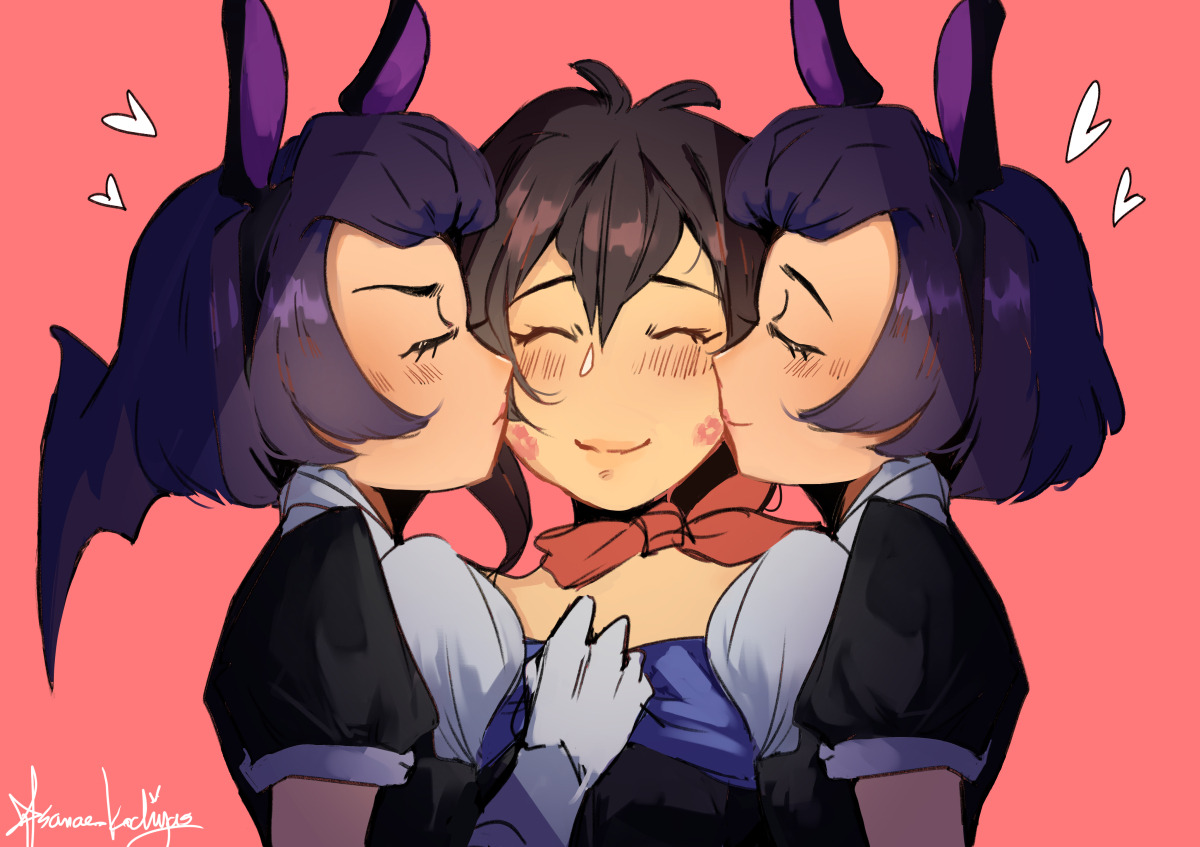 3girls ace_attorney animal_ears betty_de_famme blush bonny_de_famme cheek_kiss closed_eyes double_cheek_kiss fake_animal_ears frown girl_sandwich gloves heart kiss kissing_cheek lipstick_mark lipstick_mark_on_cheek lipstick_mark_on_face multiple_girls phoenix_wright:_ace_attorney_-_spirit_of_justice rabbit_ears sanae_kochiyas sandwiched scarf siblings sisters smile trucy_wright twins white_gloves wing-shaped_hair yuri