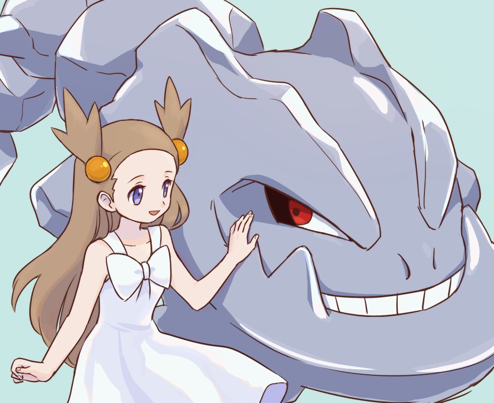 1girl 35yado :d aqua_background bare_arms bare_shoulders blue_eyes bow brown_hair collarbone dress dress_bow gen_2_pokemon hair_bobbles hair_ornament jasmine_(pokemon) long_hair nintendo open_mouth pokemon pokemon_(creature) pokemon_gsc smile steelix two_side_up white_bow white_dress