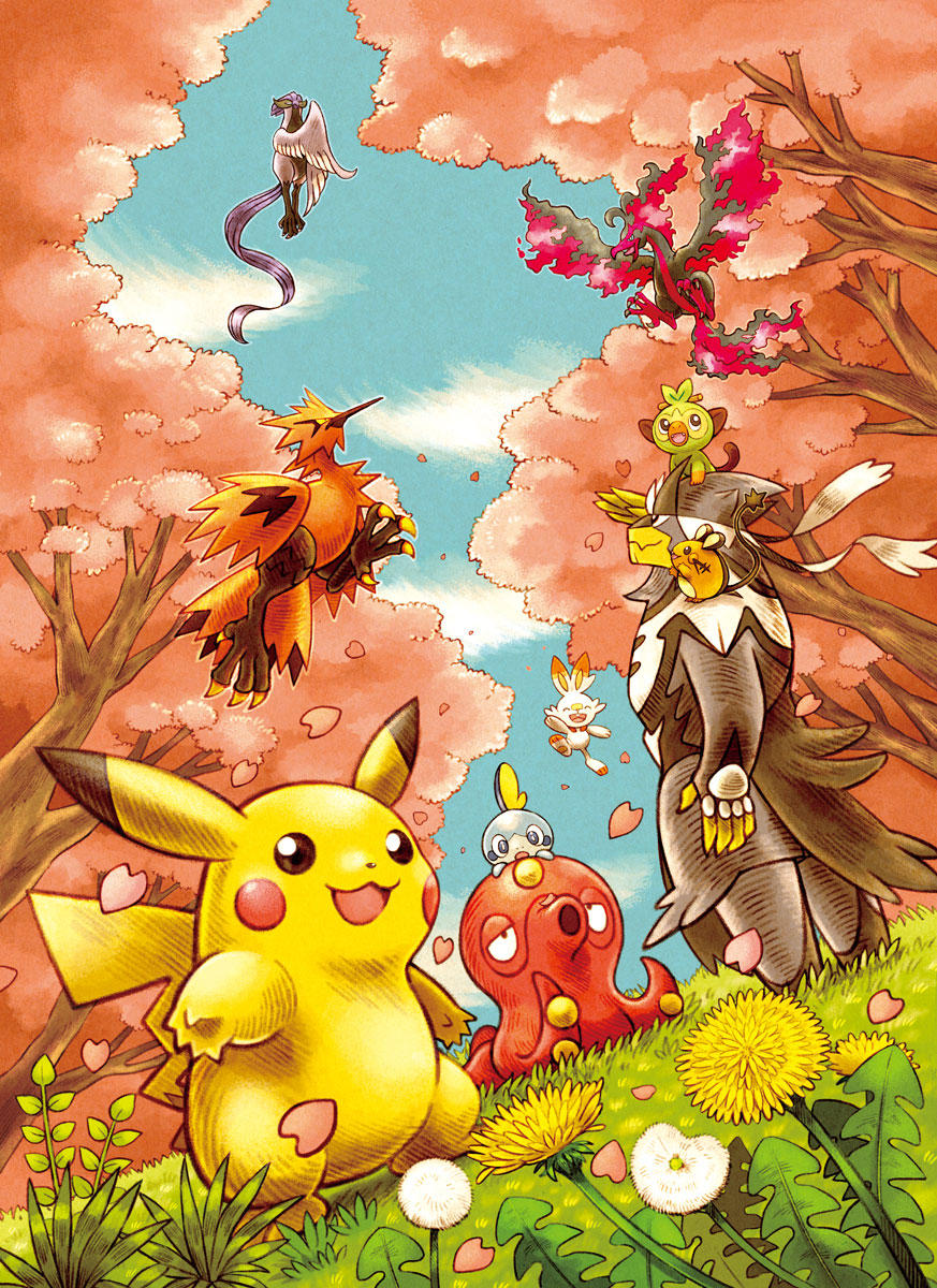 animal_focus arm_up bird blue_eyes blue_sky cherry_blossoms closed_mouth cloud creatures_(company) dandelion day dedenne dot_nose flower flying galarian_articuno galarian_form galarian_moltres galarian_zapdos game_freak gen_1_pokemon gen_2_pokemon gen_6_pokemon gen_8_pokemon grass grookey half-closed_eyes highres jumping legendary_pokemon matsuri_(matsuike) nintendo no_humans octillery official_art on_head on_shoulder open_mouth outdoors petals pikachu pokemon pokemon_(creature) pokemon_focus pokemon_on_head pokemon_on_shoulder pokemon_tcg scorbunny second-party_source sky sobble starter_pokemon_trio tree urshifu urshifu_(rapid)