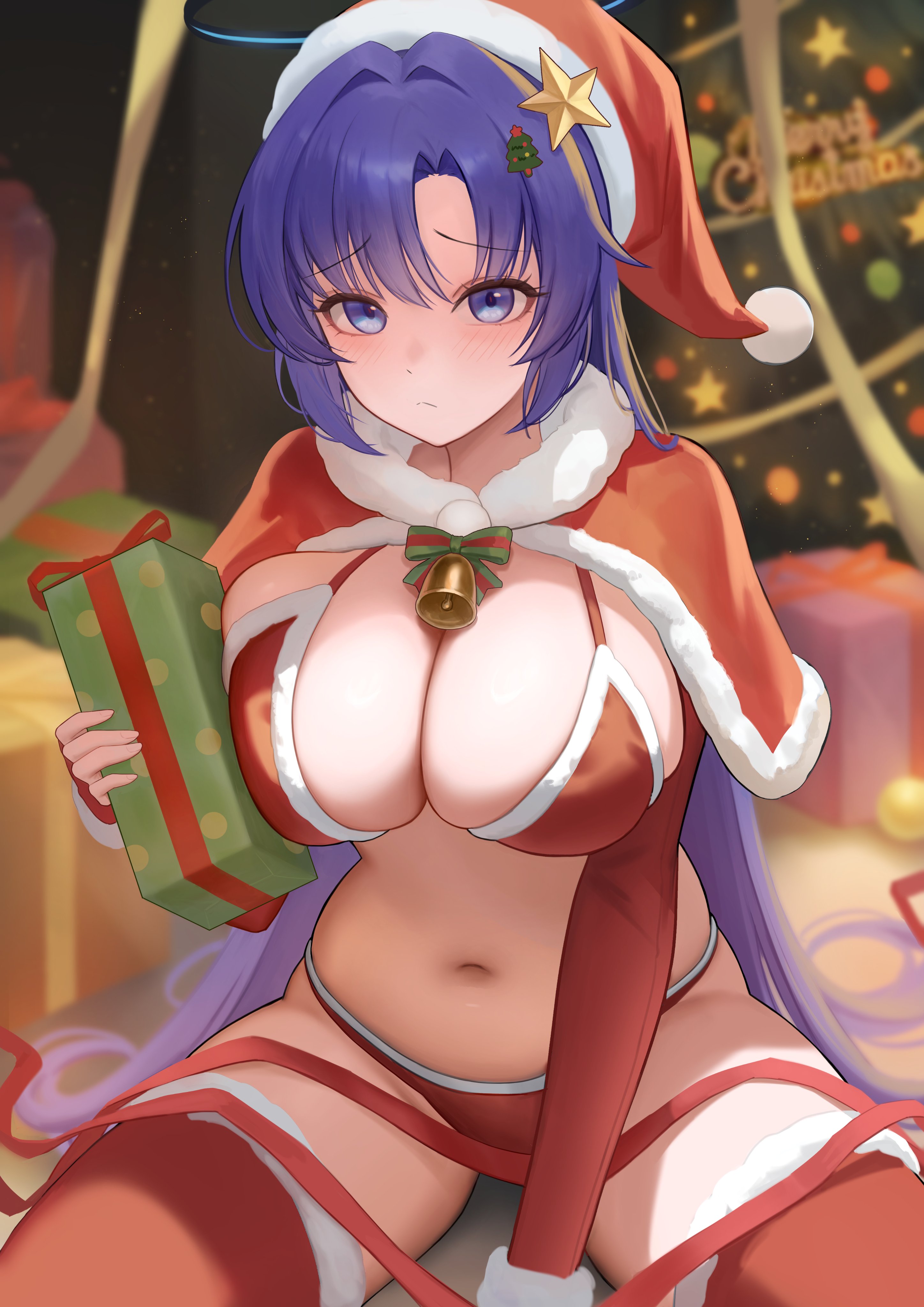 1girl absurdres bell bikini blue_archive blue_eyes blue_hair blurry blurry_background blush breasts christmas christmas_tree christmas_tree_hair_ornament closed_mouth fur-trimmed_headwear fur-trimmed_thighhighs fur_trim gift hair_ornament hat heine_(haloo1101) highres holding holding_gift indoors large_breasts long_hair looking_at_viewer navel parted_bangs red_bikini red_hat red_thighhighs ribbon santa_bikini santa_costume santa_hat sitting solo star_(symbol) stomach swimsuit thighhighs thighs wariza yellow_ribbon yuuka_(blue_archive)