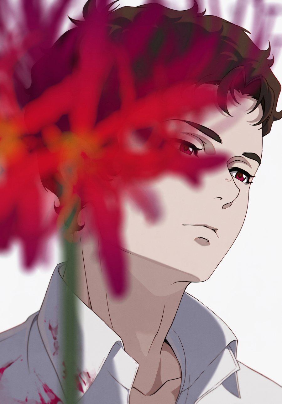 1boy blood blood_on_clothes blurry blurry_foreground brown_hair closed_mouth collarbone collared_shirt enelous flower gundam gundam_hathaway&#039;s_flash hathaway_noa highres male_focus nose portrait red_eyes red_flower shirt short_hair solo spider_lily very_short_hair white_background white_shirt