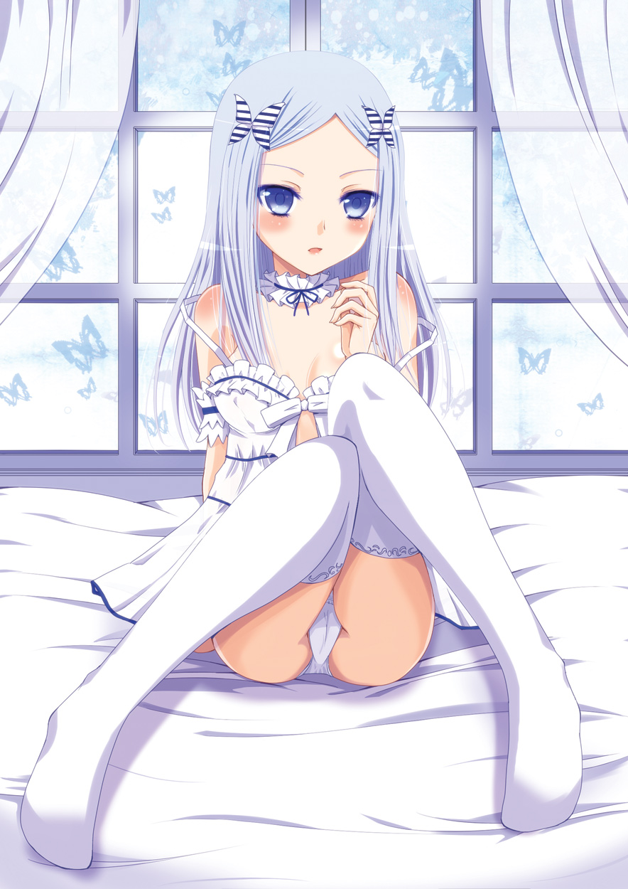 1girl blue_eyes blue_hair blush bug butterfly choker female_focus hair_ornament highres insect kay kay_(utd) lingerie long_hair matching_hair/eyes original panties pantyshot purple_eyes silver_hair sitting solo strap_slip thighhighs underwear window