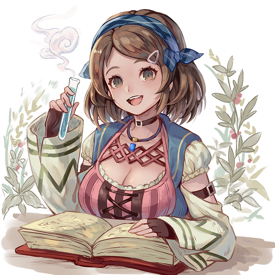 1girl armband black_choker blue_hairband blue_ribbon book breasts brown_eyes brown_gloves brown_hair choker cleavage detached_sleeves fingerless_gloves fujimaru_(green_sparrow) gloves hair_ornament hair_ribbon hairband hairclip holding holding_test_tube jewelry large_breasts leaf long_sleeves medium_hair multicolored_clothes necklace nina_deforges open_book open_mouth pink_shirt reading ribbon shirt short_sleeves smile solo star_ocean star_ocean_the_divine_force swept_bangs teeth test_tube upper_body upper_teeth_only white_background