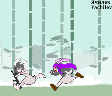 2girls ak-74m animal_ears artist_name assault_rifle bamboo bamboo_forest chasing forest gun inaba_tewi kalashnikov_rifle long_hair lowres multiple_girls nature open_mouth reisen_udongein_inaba rifle short_hair touhou usatei weapon