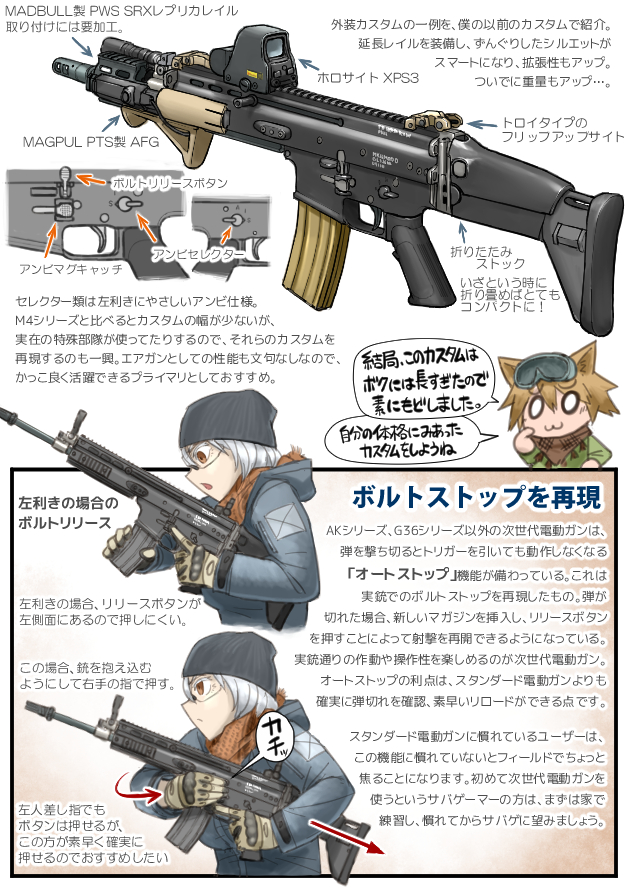 2girls airsoft_review_illustrated angled_forward_grip animal_ears assault_rifle blue_hair breasts brown_eyes brown_hair carbine chibi diagram didloaded extended_barrel eye_protectors fn_herstal fn_scar fn_scar_l fn_scar_l_cqc folding_stock ghost_ring gloves gun hat holding holographic_weapon_sight information_sheet iron_sights japanese_text long_gun multicolored_hair multiple_girls original rail_(weapon) reflector_sight rifle safety_glasses short-barreled_rifle sight_(weapon) stock_(firearm) tactical_light text_focus translation_request two-tone_hair weapon weapon_focus weapon_profile white_hair