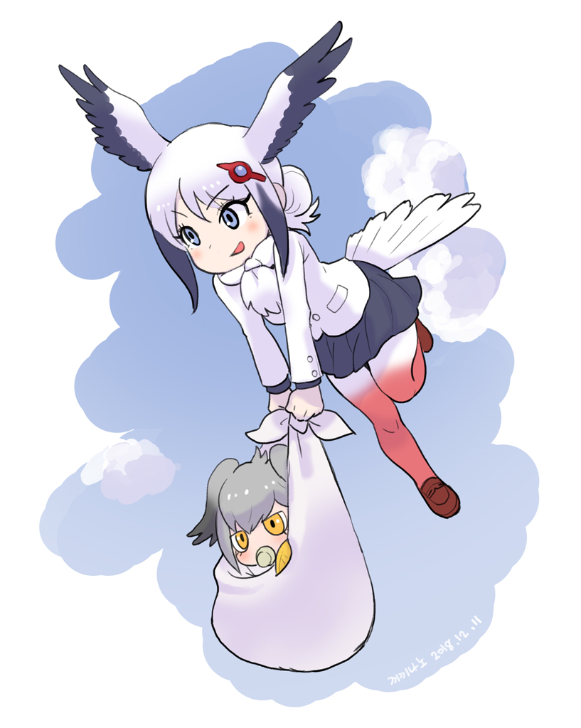 10s 2girls :d aged_down baby bird_tail black_hair black_skirt blue_eyes carrying commentary_request dated flying gradient_legwear grey_hair hair_bun head_wings kemono_friends korean_commentary long_sleeves multicolored_hair multicolored_legwear multiple_girls open_mouth oriental_stork_(kemono_friends) pacifier pantyhose roonhee shirt shoebill_(kemono_friends) sidelocks single_hair_bun skirt smile tail two-tone_hair v-shaped_eyebrows white_background white_shirt wings yellow_eyes