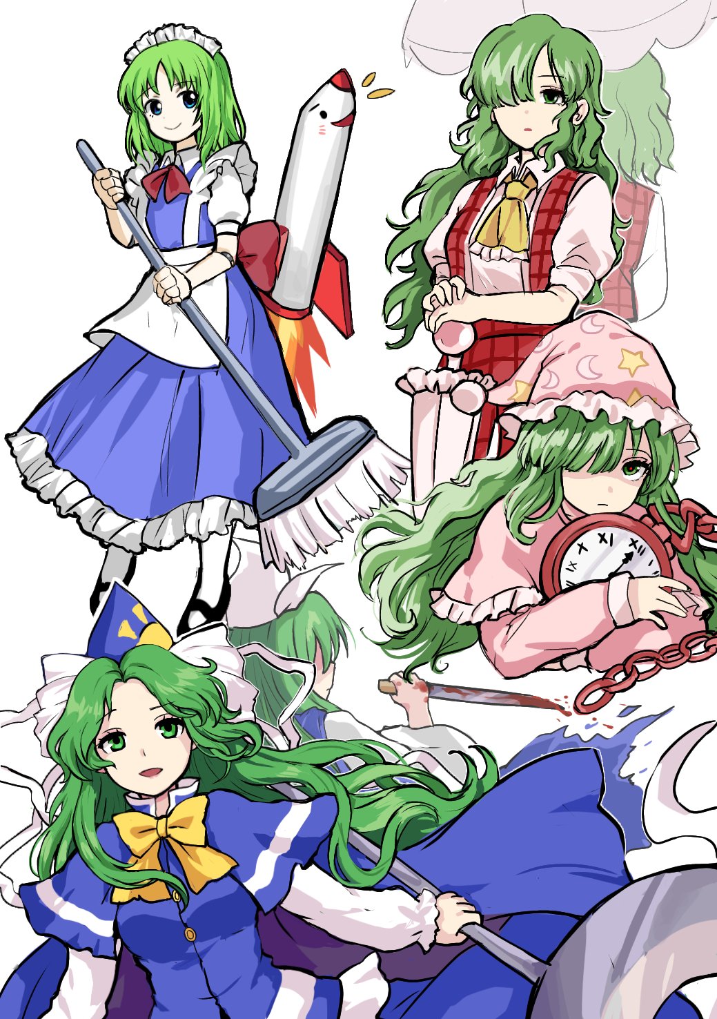 1other 3girls analog_clock apron ascot black_footwear blood blood_on_hands bloody_knife blouse blue_cape blue_capelet blue_dress blue_eyes blue_headwear blue_sailor_collar blue_skirt blue_vest bow bowtie breasts broom cape capelet chain clock closed_umbrella collared_shirt commentary_request crescent dress eyelashes frilled_ascot frilled_dress frilled_hat frills green_eyes green_hair hair_over_one_eye hat hat_ribbon highres himuhino holding holding_broom holding_staff holding_umbrella joints kazami_yuuka kazami_yuuka_(pc-98) knife long_hair long_sleeves looking_at_viewer maid_headdress mary_janes medium_breasts mima_(touhou) mimi-chan missile multiple_girls nightcap nightgown pajamas pants pink_capelet pink_dress pink_headwear pink_pajamas plaid_clothes plaid_pants plaid_vest puffy_short_sleeves puffy_sleeves red_pants red_vest ribbon robot_joints rocket roman_numeral ruukoto sailor_collar sailor_shirt school_uniform serafuku shirt shoes short_hair short_sleeves simon_(ttgl) skirt sleepwear smile staff standing sun_print touhou touhou_(pc-98) umbrella very_long_hair vest waist_apron white_background white_legwear white_ribbon white_shirt white_sleeves wizard_hat yellow_ascot yellow_bow yellow_bowtie