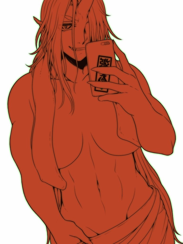 1girl breasts cellphone cleavage clothes_pull horns hoshiguma_yuugi long_hair navel neko_majin oni pants pants_pull phone pointy_ears selfie single_horn smartphone smile smirk solo toned topless_female touhou towel towel_around_neck white_background