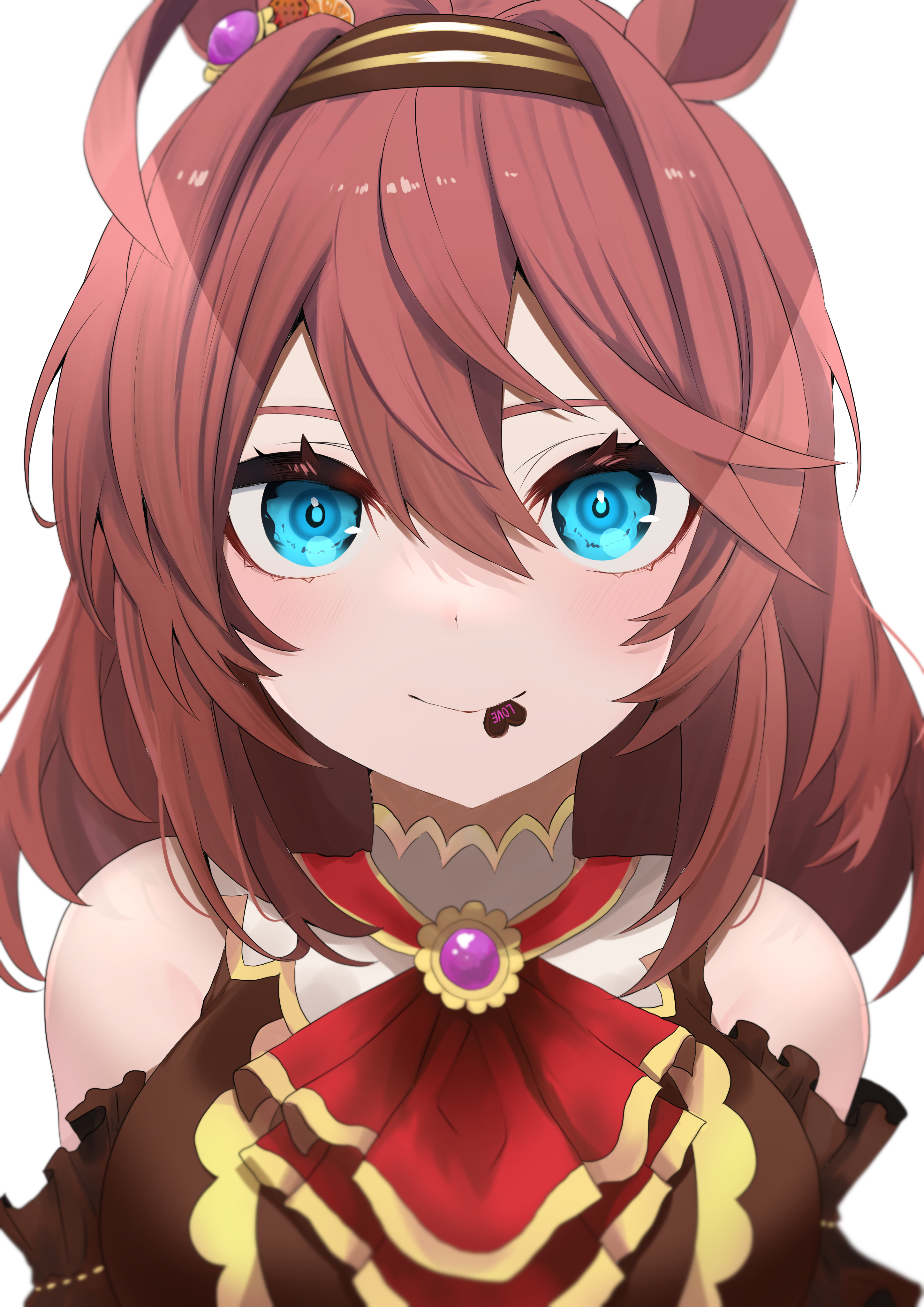 1girl absurdres ahoge animal_ears ascot bare_shoulders blue_eyes brooch brown_dress brown_hair brown_hairband candy chocolate chocolate_heart closed_mouth commentary_request detached_sleeves double-parted_bangs dress ear_ornament food hair_between_eyes hairband heart heart-shaped_food highres horse_ears jewelry light_blush long_hair looking_at_viewer mihono_bourbon_(code:glassage)_(umamusume) mihono_bourbon_(umamusume) mouth_hold official_alternate_costume pink_brooch pink_gemstone red_ascot simple_background sleeveless sleeveless_dress smile solo toa510 umamusume upper_body valentine white_background