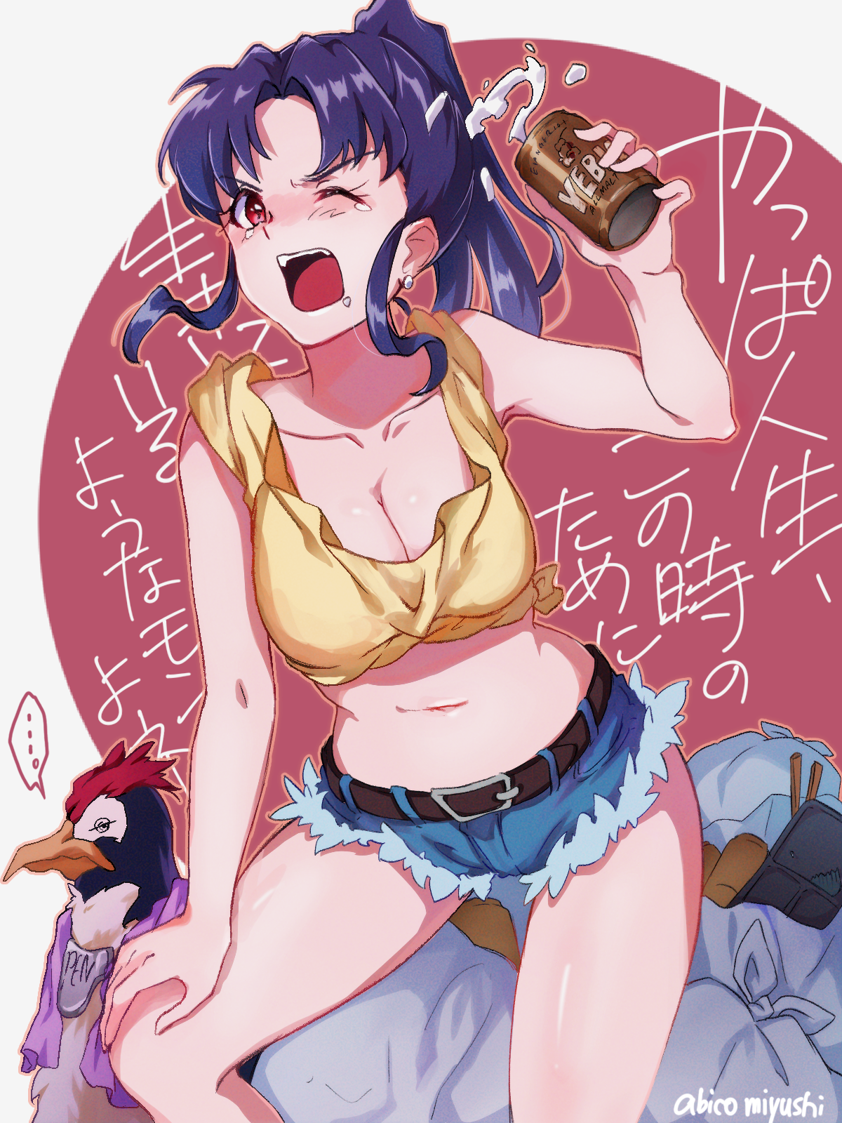 ... 1girl abicomiyushi alcohol artist_name beer beer_can belly bird breasts can cleavage collarbone curvy denim denim_shorts drink_can earrings fur_trim highres hotpants japanese_text jewelry katsuragi_misato large_breasts long_hair looking_at_viewer navel neon_genesis_evangelion one_eye_closed open_mouth penguin penpen ponytail purple_hair shirt shorts sitting spoken_ellipsis tank_top towel trash trash_bag yellow_eyes yellow_shirt