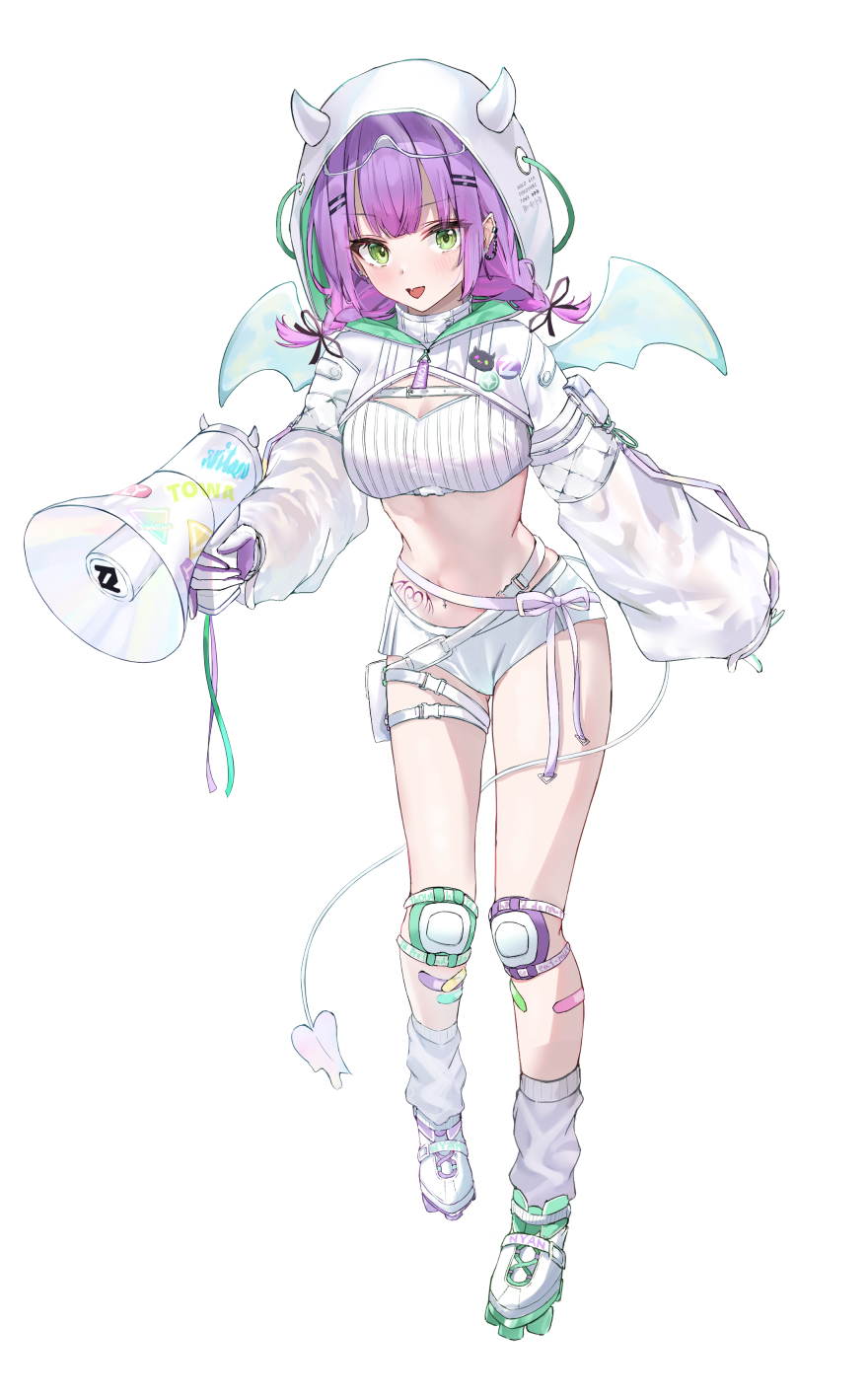 1girl bandeau braid breasts buckle colored_inner_hair demon_hood demon_tail ear_piercing fake_horns fang gloves goggles goggles_on_head green_eyes hair_ornament hair_tie hairclip highres hip_tattoo hiragi_1014 holding holding_megaphone hololive hooded_shrug horned_headwear horns knee_pads leg_warmers long_hair long_sleeves looking_at_viewer megaphone melting_tail multicolored_footwear multicolored_hair navel navel_piercing open_mouth piercing pink_hair purple_hair ribbed_bandeau roller_skates see-through_clothes see-through_sleeves short_braid short_hair shorts shrug_(clothing) skates skin_fang smile snap-fit_buckle snow_goggles solo strapless streaked_hair tail tokoyami_towa tokoyami_towa_(cyberpunk) tube_top twin_braids two-sided_gloves virtual_youtuber white_background white_bandeau white_footwear white_gloves white_shorts white_shrug white_tube_top winged_heart_tattoo wings