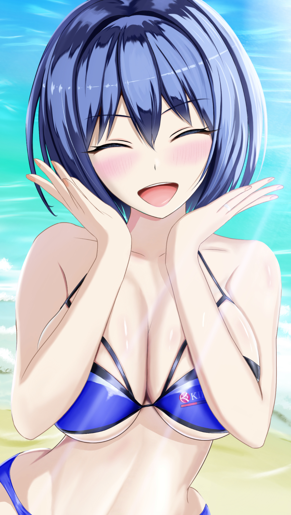 arms_up beach bikini blue_bikini blue_eyes blue_hair blush breasts cleavage closed_eyes dolphin_wave highres kirishima_uniform large_breasts ocean open_mouth sand short_hair swimsuit taraba_(redkingtaraba) tojou_michiru