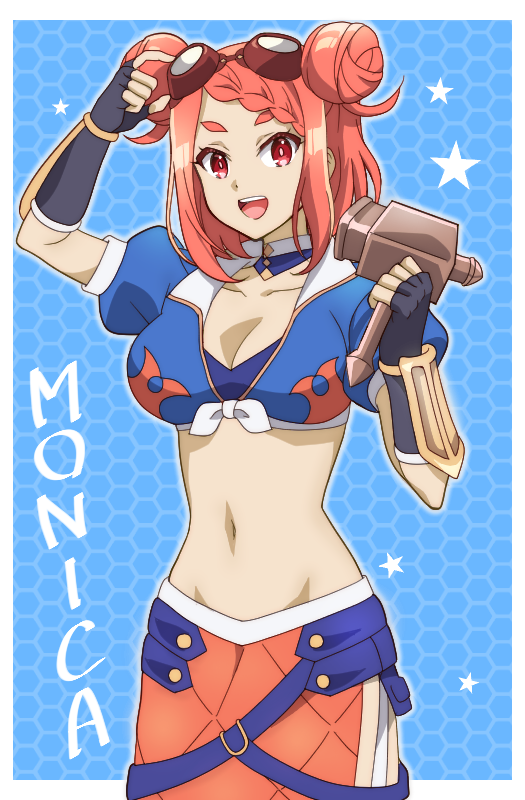 1girl arm_guards blue_background blue_gloves blue_jacket breasts character_name cleavage crop_top cropped_jacket double_bun gloves goggles goggles_on_head hair_bun hammer hazure_skill_&quot;kinomi_master&quot;:_skill_no_mi_(tabetara_shinu)_wo_mugen_ni_taberareru_you_ni_natta_ken_nitsuite holding holding_hammer honeycomb_(pattern) honeycomb_background jacket looking_at_viewer medium_breasts medium_hair monica_bolst_(kinomi_master) navel onomekaman open_mouth orange_hair orange_skirt partially_fingerless_gloves red_eyes simple_background skirt smile solo stomach upper_body