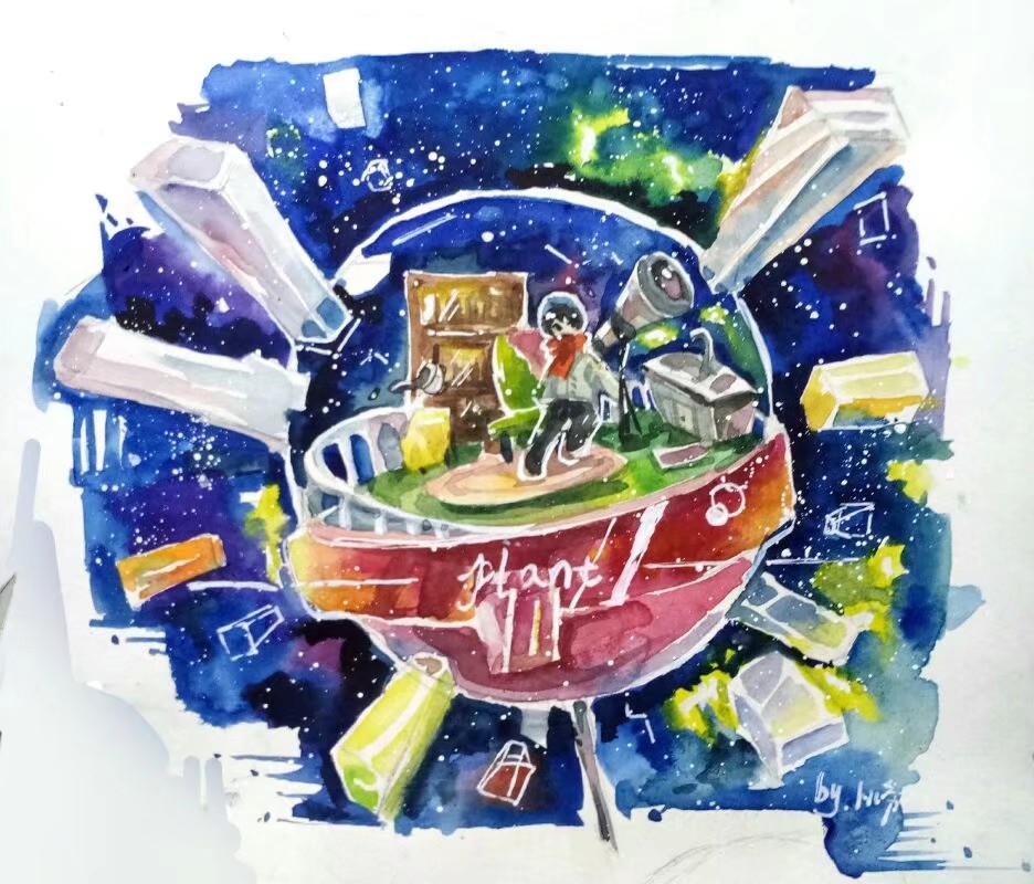 1boy black_hair black_pants book bookshelf building buttons carpet chair chinese_commentary coat commentary_request grass grey_coat kong_tiao_bo_zi long_sleeves male_focus original painting_(medium) pants photo_(medium) planet red_scarf scarf short_hair signature skyscraper solo space standing telescope traditional_media watercolor_(medium) wide_shot