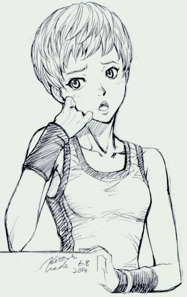 10s 1boy 1girl androgynous female_focus huang_pao-lin monochrome short_hair solo tiger_&amp;_bunny ueda_hiroshi