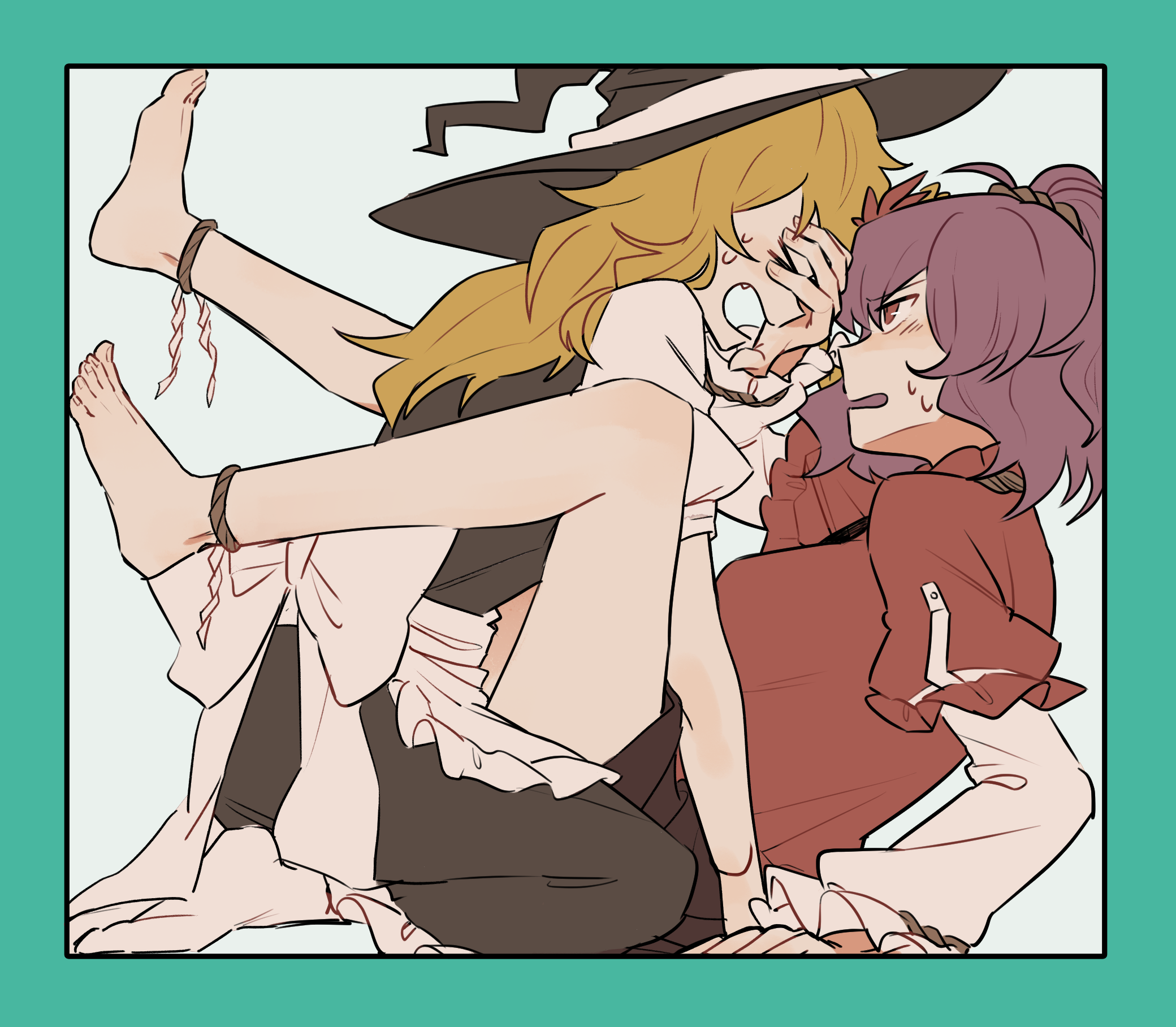 2girls black_skirt blonde_hair hat highres keiko_(emoticon) kirisame_marisa multiple_girls purple_hair red_eyes red_shirt shirt short_hair shy skirt touhou witch_hat yasaka_kanako yuri