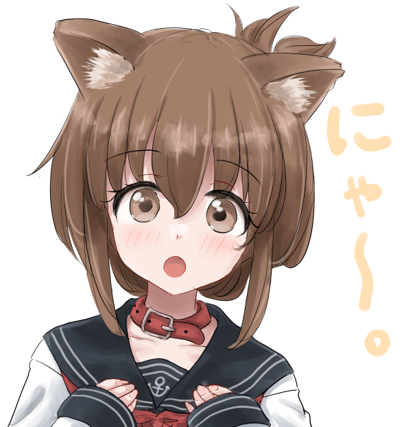 1girl animal_collar animal_ears black_sailor_collar brown_eyes brown_hair cat_day cat_ears collar commentary_request folded_ponytail inazuma_(kancolle) kantai_collection kitagawa_mikio long_hair neckerchief open_mouth red_neckerchief sailor_collar sailor_shirt school_uniform serafuku shirt solo upper_body white_shirt