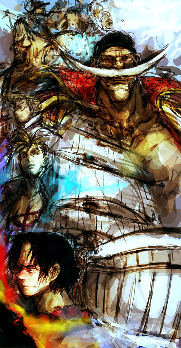 6+boys blue_fire edward_newgate facial_hair fire flower_sword_vista freckles izou_(one_piece) jolly_roger jozu male_focus marco_(one_piece) moby_dick_(one_piece) multiple_boys mustache one_piece pirate portgas_d._ace scar ship tattoo thatch watercraft