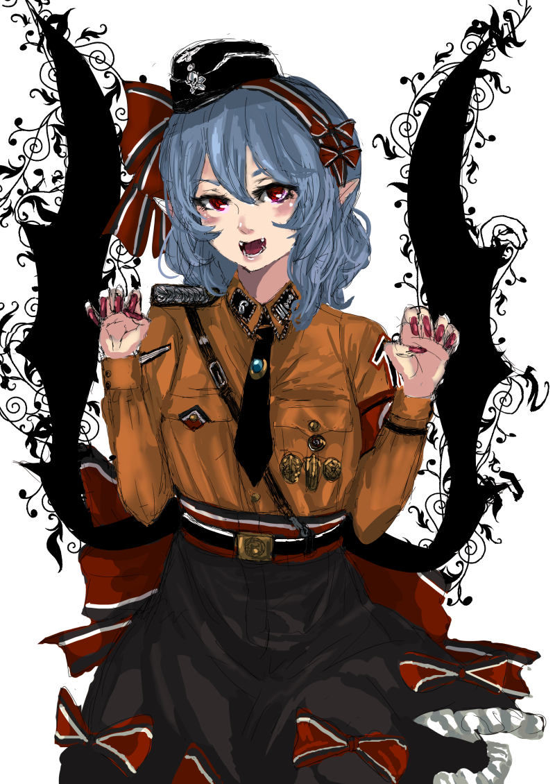 1girl alternate_costume armband badge belt belt_buckle black_belt black_hat black_necktie black_skirt blue_brooch blue_eyes blue_hair breast_pocket brooch brown_shirt buckle claw_pose collar_tabs collared_shirt commentary_request feet_out_of_frame fingernails garrison_cap german_commentary hair_between_eyes hair_ribbon hairband hat insignia jewelry long_sleeves looking_at_viewer medium_hair mixed-language_commentary multicolored_hairband nazi necktie open_mouth panzer_(p.z) pleated_skirt pocket red_armband red_eyes red_hairband red_nails red_ribbon remilia_scarlet ribbon sam_browne_belt shirt shoulder_boards skirt skull_and_crossbones solo sturmabteilung teeth totenkopf touhou white_background