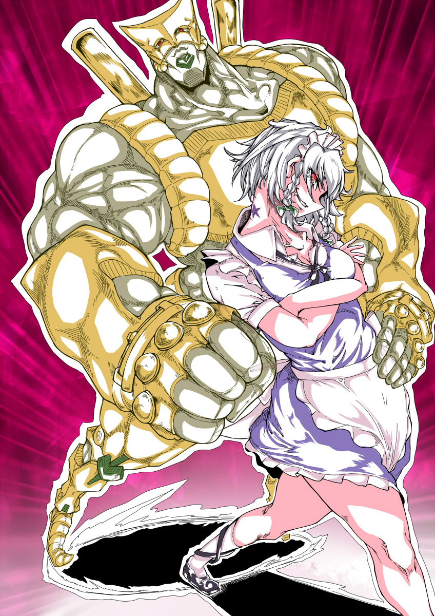 1girl apron bad_tag birthmark blue_dress braid clenched_hand crossed_arms crossover dress foreshortening hand_on_another&#039;s_hip head_tilt highres izayoi_sakuya joestar_birthmark jojo_no_kimyou_na_bouken looking_at_viewer maid maid_headdress muscular nicq red_background red_eyes side-eyed stand_(jojo) stardust_crusaders the_world touhou twin_braids waist_apron white_hair