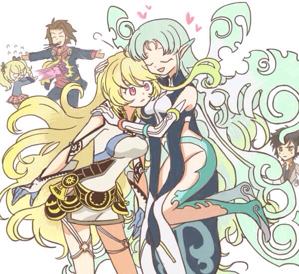 &gt;_&lt; 2boys 3girls ahoge alvin_(tales) beard black_hair blonde_hair blue_hair breasts brown_eyes brown_hair coat dress elize_lutus closed_eyes hair_ornament heart hug jude_mathis milla_maxwell multicolored_hair multiple_boys multiple_girls muzet_(tales) open_mouth pants pink_eyes pocky pointy_ears school_uniform short_hair skirt tales_of_(series) tales_of_xillia tales_of_xillia_2 teepo_(tales) twintails wings