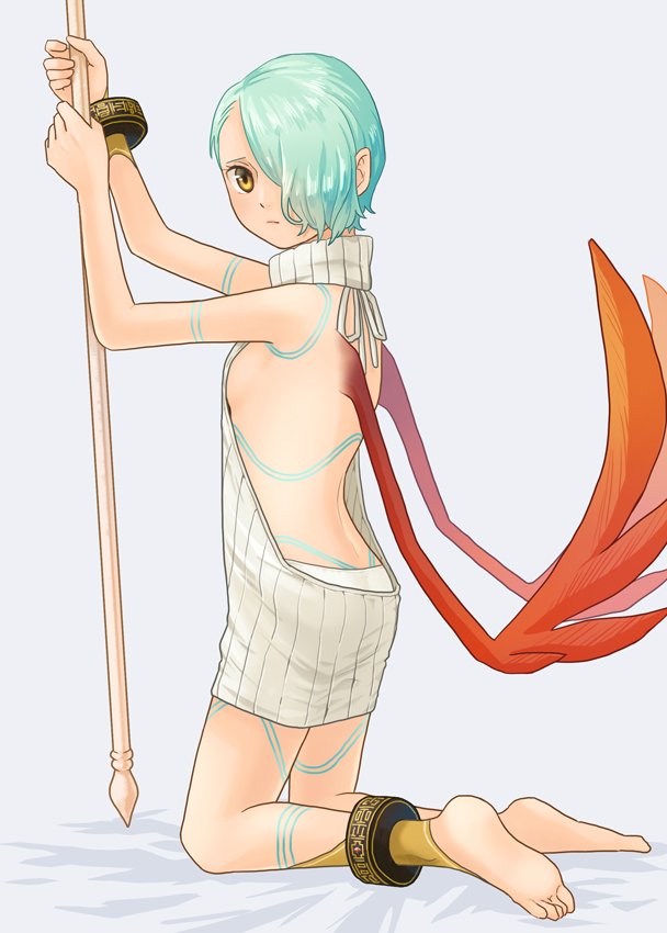 1girl backless_dress backless_outfit bare_back barefoot bracelet breath_of_fire breath_of_fire_v closed_mouth commentary dress full-body_tattoo full_body green_hair hair_over_one_eye jewelry looking_at_viewer matsuoka meme_attire naked_sweater nina_(breath_of_fire_v) panties red_wings ribbed_sweater short_hair solo sweater sweater_dress tattoo turtleneck turtleneck_sweater underwear virgin_killer_sweater white_panties wings