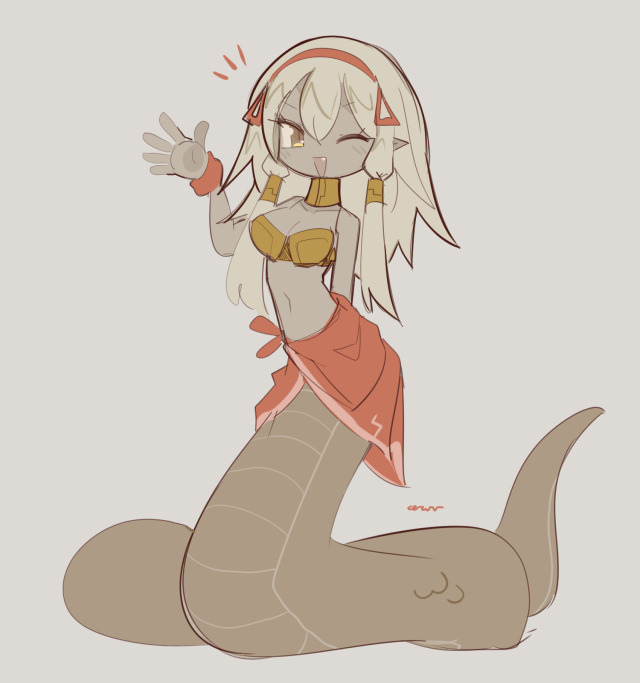 1girl ceroro lamia monster_girl one_eye_closed waving