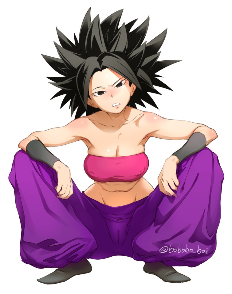1girl black_hair bobobo bracer breasts caulifla confused dragon_ball simple_background tagme