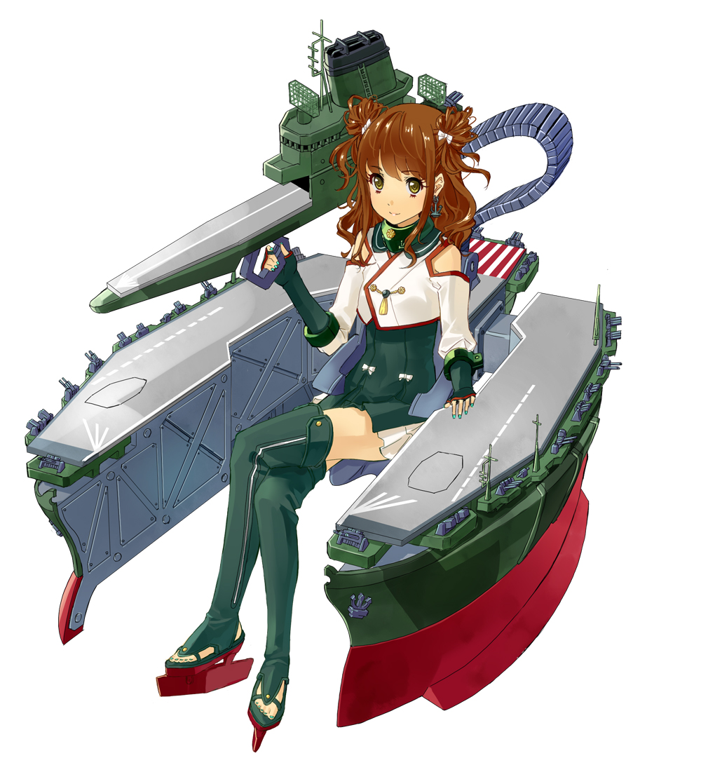 10s 1girl anchor bad_id bad_pixiv_id bare_shoulders boots brown_hair crossed_legs detached_sleeves double_bun earrings female_focus fingerless_gloves flight_deck fujimo_ruru gloves hair_bun hair_ribbon jewelry kantai_collection long_hair machinery mecha_musume nail_polish original personification ribbon shinano_(aircraft_carrier) shinano_(kancolle) sitting solo thigh_boots thighhighs yellow_eyes zettai_ryouiki