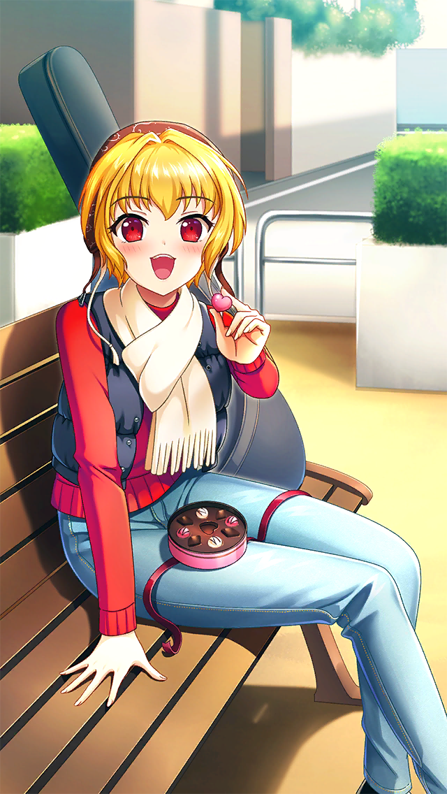 1girl :d bench blonde_hair blue_pants blush brown_hat candy chocolate chocolate_heart day denim doukyuusei_(series) doukyuusei_another_world food game_cg guitar_case hair_intakes hat heart horiide_mika instrument_case kakyuusei_(series) kakyuusei_2 long_sleeves looking_at_viewer official_art open_mouth outdoors pants red_eyes red_sweater scarf short_hair sitting smile solo sweater valentine white_scarf