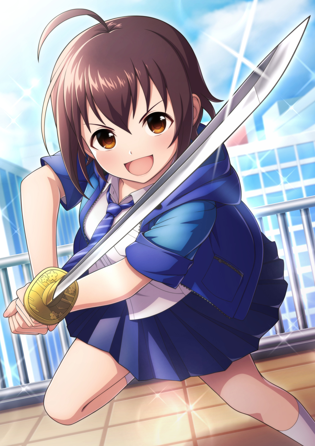 &gt;:) 1girl :d ahoge blue_jacket blue_necktie brown_eyes brown_hair day foot_out_of_frame glint highres holding holding_sword holding_weapon hood hood_down idolmaster idolmaster_cinderella_girls jacket looking_at_viewer medium_hair necktie open_mouth outdoors railing school_uniform shirt short_sleeves smile socks sword taba_neruko v-shaped_eyebrows wakiyama_tamami weapon white_shirt white_socks
