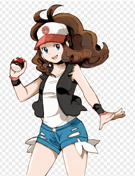 10s 1girl baseball_cap blue_eyes brown_hair checkered_background female_focus hat hilda_(pokemon) long_hair ma-hain-scarlet nintendo open_mouth poke_ball poke_ball_(basic) pokemon pokemon_bw shorts sidelocks smile solo torn_clothes vest wristband
