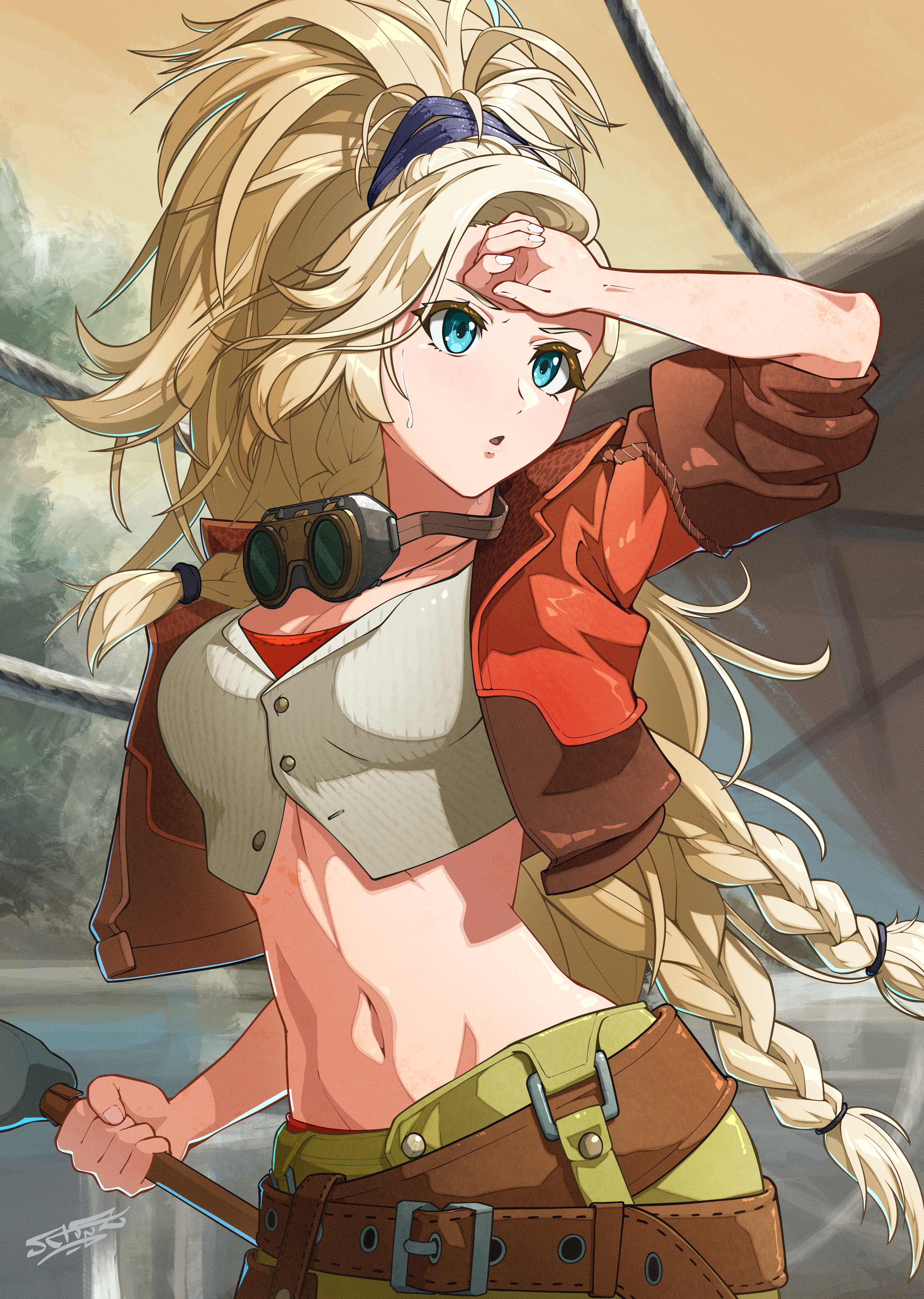 1girl :o absurdres belt belt_buckle blonde_hair blue_eyes blush breasts brown_belt brown_jacket buckle cleavage commentary cropped_jacket fingernails gemma_(monster_hunter_wilds) goggles goggles_around_neck hammer highres holding holding_hammer jacket long_hair midriff monster_hunter_(series) monster_hunter_wilds navel ponytail schnuz signature solo stomach sweat very_long_hair