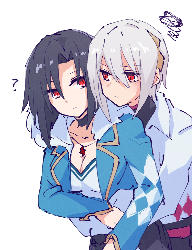 1boy 1girl alonemistrist armored_collar asymmetrical_bangs asymmetrical_clothes black_hair brother_and_sister color_contrast diamond_print fire_emblem fire_emblem_engage fur_trim hug hug_from_behind implied_incest nel_(fire_emblem) nintendo rafal_(fire_emblem) red_eyes siblings white_hair