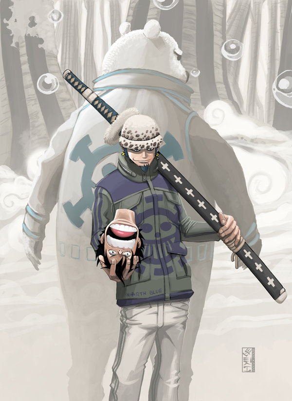 3boys alternate_hair_color artistic_error back-to-back bear beard bepo_(one_piece) black_hair blue_hair bubble clothes_writing disembodied_head dismembered earrings facial_hair hat jewelry jumpsuit katana long_sideburns male_focus monkey_d._luffy multiple_boys one_piece sabaody_archipelago scar severed_head shabondi sheath sheathed short_hair sideburns smile sword trafalgar_law upside-down weapon wyv1