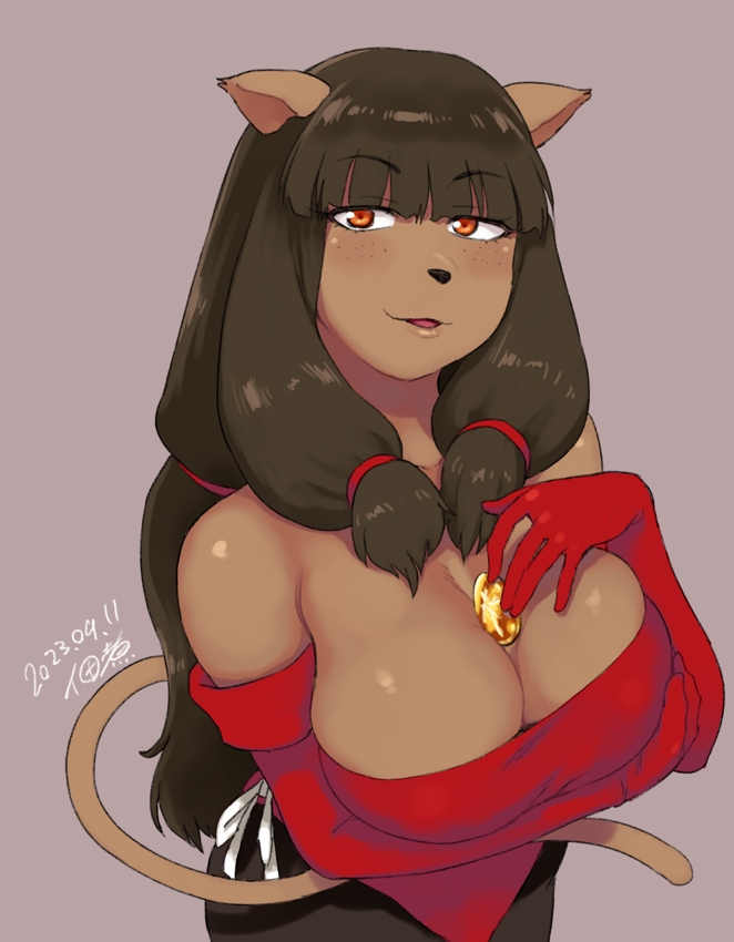 1girl animal_ears arm_under_breasts blunt_bangs breasts brown_hair cat_ears cat_girl cat_nose cat_tail cleavage commentary_request dated ecaflip elbow_gloves freckles furry furry_female gem gloves hair_tie hand_on_own_chest large_breasts long_hair looking_at_viewer miranda_(wakfu) object_on_breast ponytail red_gloves red_shirt shirt signature simple_background solo tail tsukudani_(coke-buta) wakfu
