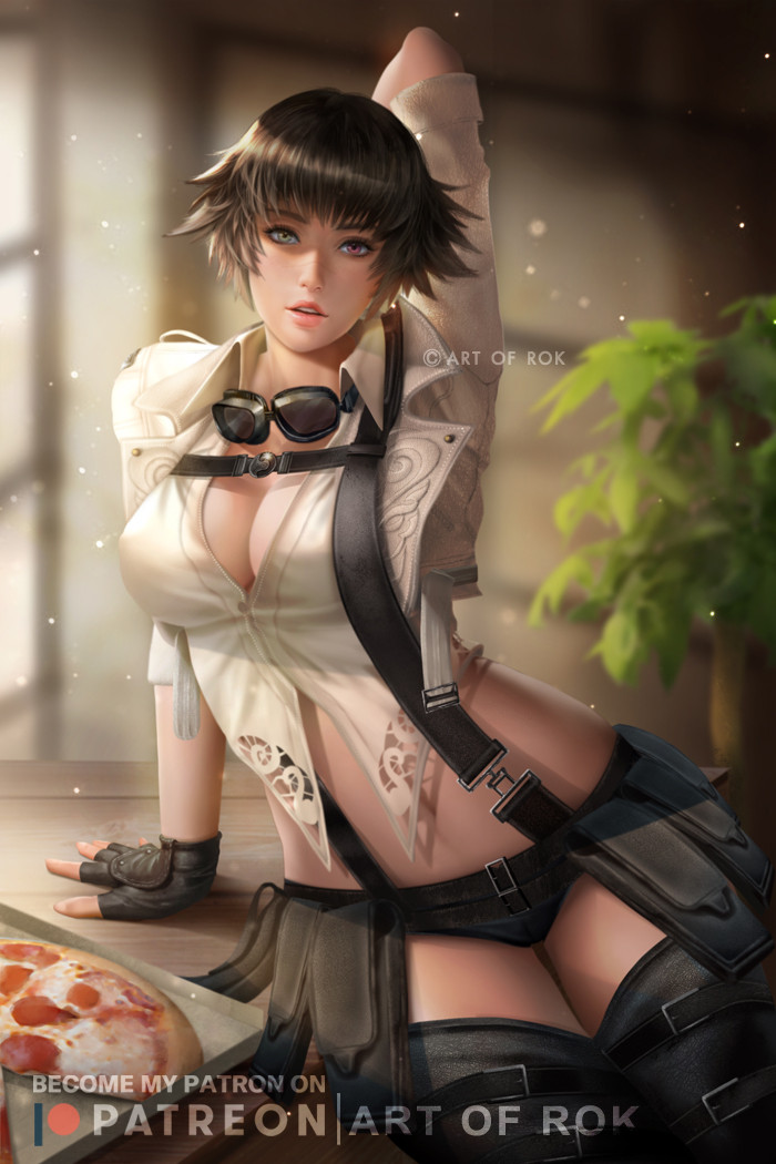 1girl artist_name artofrok black_gloves black_hair breasts cleavage devil_may_cry_(series) devil_may_cry_5 fingerless_gloves food gloves goggles goggles_around_neck heterochromia jacket lady_(devil_may_cry) looking_at_viewer micro_shorts midriff parted_lips patreon_username pizza shirt short_hair shorts solo variant_set white_jacket white_shirt