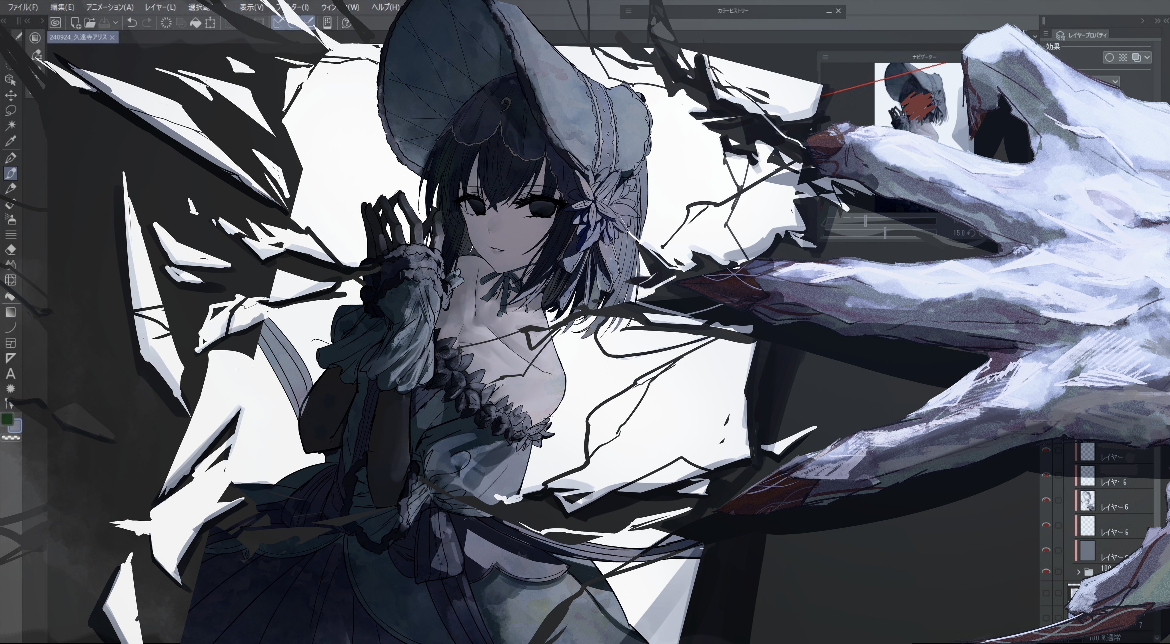 1girl absurdres bare_shoulders black_eyes black_feathers black_gloves black_hair censored claws dress fate/grand_order fate_(series) feathers frilled_dress frills gimp_(medium) gloves hair_ornament highres kuonji_alice kuonji_alice_(third_ascension) long_sleeves looking_at_viewer mahou_tsukai_no_yoru monster off-shoulder_dress off_shoulder scribble_censor short_hair yagi_(yagi5art)