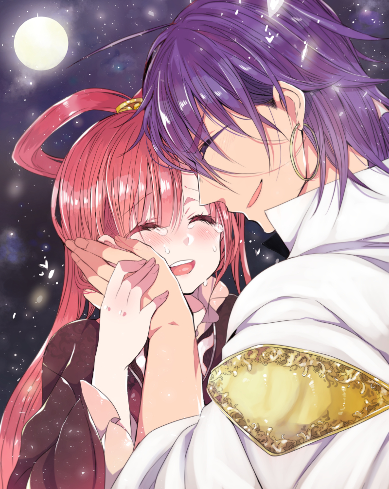 1boy 1girl magi_the_labyrinth_of_magic mamemix outdoors sky upper_body