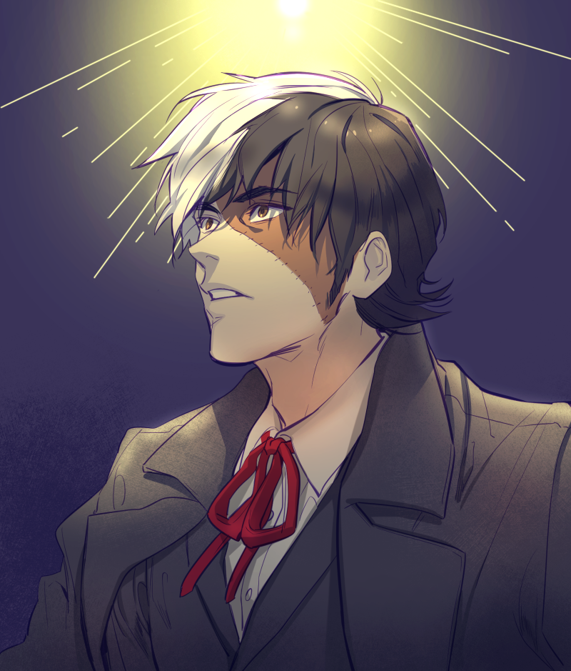 1boy adam&#039;s_apple black_jack_(character) black_jack_(series) black_jacket brown_eyes collared_shirt halorane jacket looking_ahead male_focus multicolored_hair parted_lips portrait red_ribbon ribbon shirt solo split-color_hair stitched_face stitches white_shirt