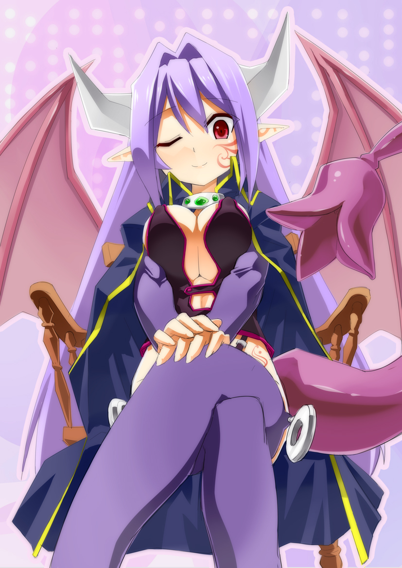 1girl alma_elma bad_id bad_pixiv_id breasts cape chair cleavage crossed_legs demon_girl facial_tattoo female_focus gradient_background hair_ornament horns isada_(daisa) large_breasts long_hair looking_at_viewer manticore mon-musu_quest! monster_girl one_eye_closed pointy_ears polka_dot polka_dot_background purple_hair purple_thighhighs red_eyes revealing_clothes sitting smile solo tail tattoo thighhighs wings