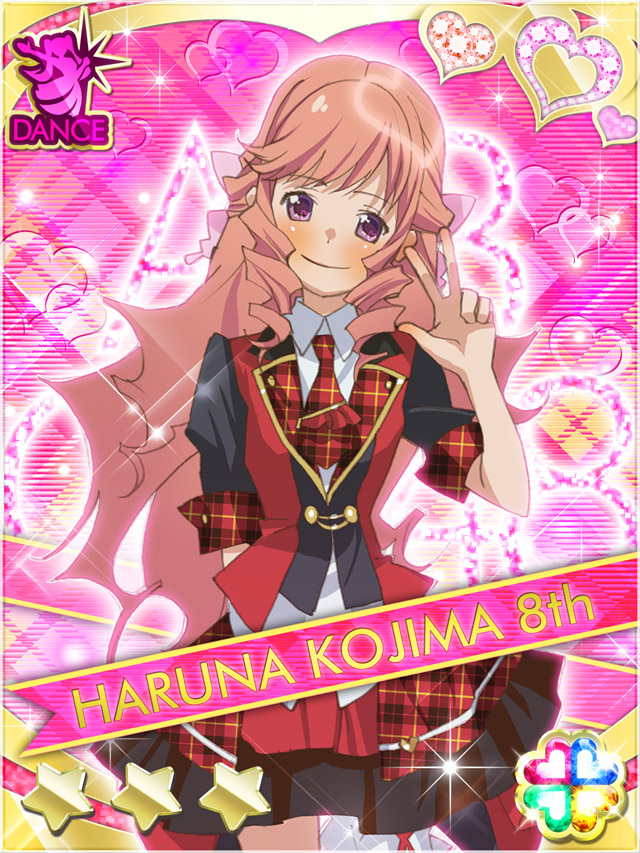 1girl akb0048 arm_behind_back bow card_(medium) character_name closed_mouth collared_shirt copyright_name cowboy_shot drill_hair drill_sidelocks hair_bow hand_up heart idol_clothes jacket kojima_haruna_(akb0048) long_hair looking_at_viewer neckerchief non-web_source official_art pink_background pink_bow pink_hair plaid_clothes plaid_neckerchief red_jacket red_neckerchief shirt short_sleeves sidelocks skirt smile solo sparkle standing star_(symbol) w white_shirt
