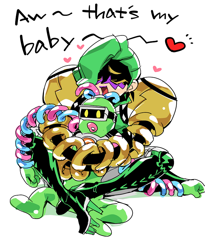 1girl arms_(game) chibi dna_man_(arms) domino_mask dr._coyle closed_eyes gloves goggles green_eyes green_hair high_heels hug long_hair mask monster_boy nekobayashi_(nekoforest) nintendo open_mouth reverse_trap slime_boy smile