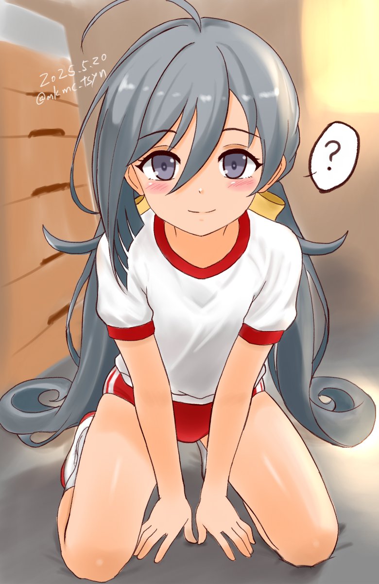 1girl ? ahoge all_fours buruma commentary_request dated grey_eyes grey_hair gym_shirt gym_storeroom gym_uniform hair_ribbon highres kantai_collection kiyoshimo_(kancolle) low_twintails red_buruma ribbon shirt shoes solo spoken_question_mark t-shirt tasogare_yanio twintails twitter_username uwabaki vaulting_horse white_shirt