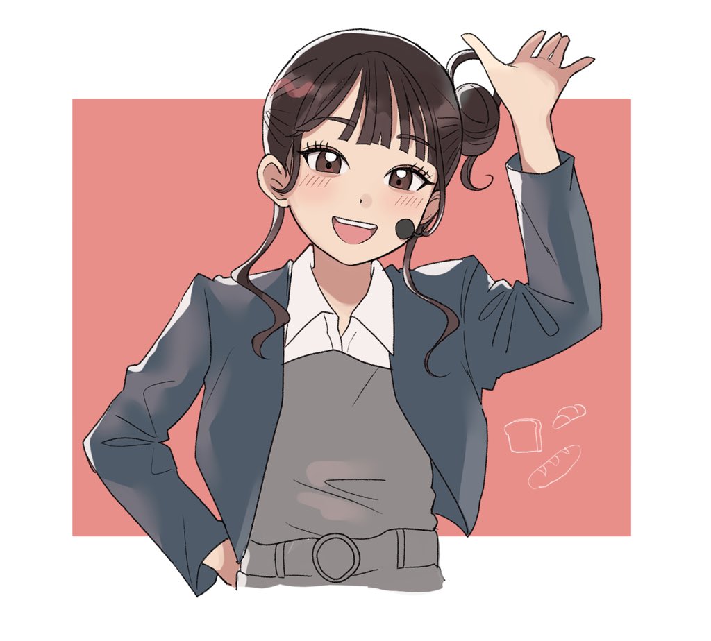 arm_up belt border bread brown_eyes brown_hair collared_shirt commentary food hair_bun headset jacket long_sleeves looking_at_viewer love_live! love_live!_superstar!! open_clothes open_jacket open_mouth outside_border outstretched_hand real_life school_uniform shirt short_hair_with_long_locks single_side_bun smile symbol-only_commentary techimi teeth upper_body upper_teeth_only voice_actor white_border yabushima_akane yuigaoka_school_uniform
