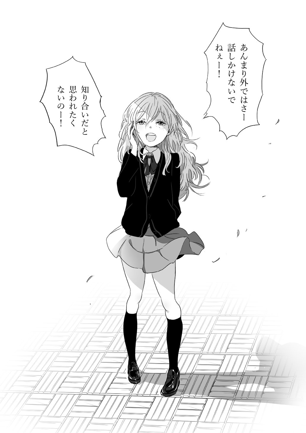 1girl greyscale highres mebae monochrome open_mouth original school_uniform skirt solo translation_request