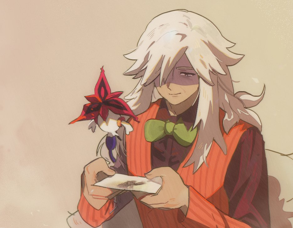 1boy az_(pokemon) black_eyes bow bowtie closed_mouth floette floette_(eternal) gen_6_pokemon green_bow green_bowtie grey_hair hair_over_one_eye half-closed_eyes hands_up holding long_hair long_sleeves looking_down majyo_(witch_poke) male_focus nintendo orange_vest pokemon pokemon_(creature) pokemon_legends:_z-a shaded_face shirt smile vest