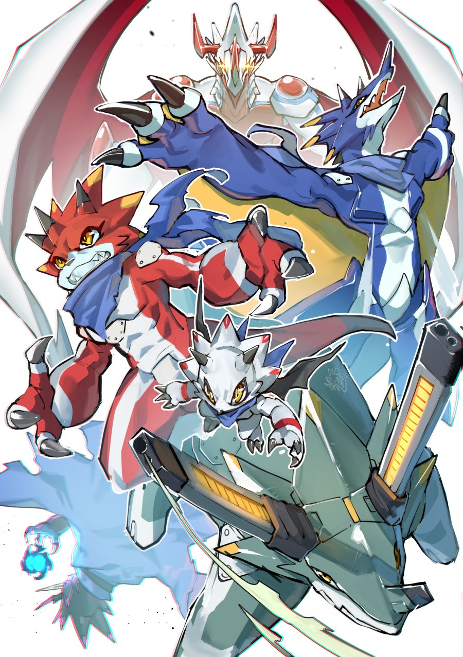 betelgammamon canoweissmon digimon digimon_(creature) dinosaur_boy dragon gammamon gulusgammamon highres horns kausgammamon scarf triceratops wezengammamon