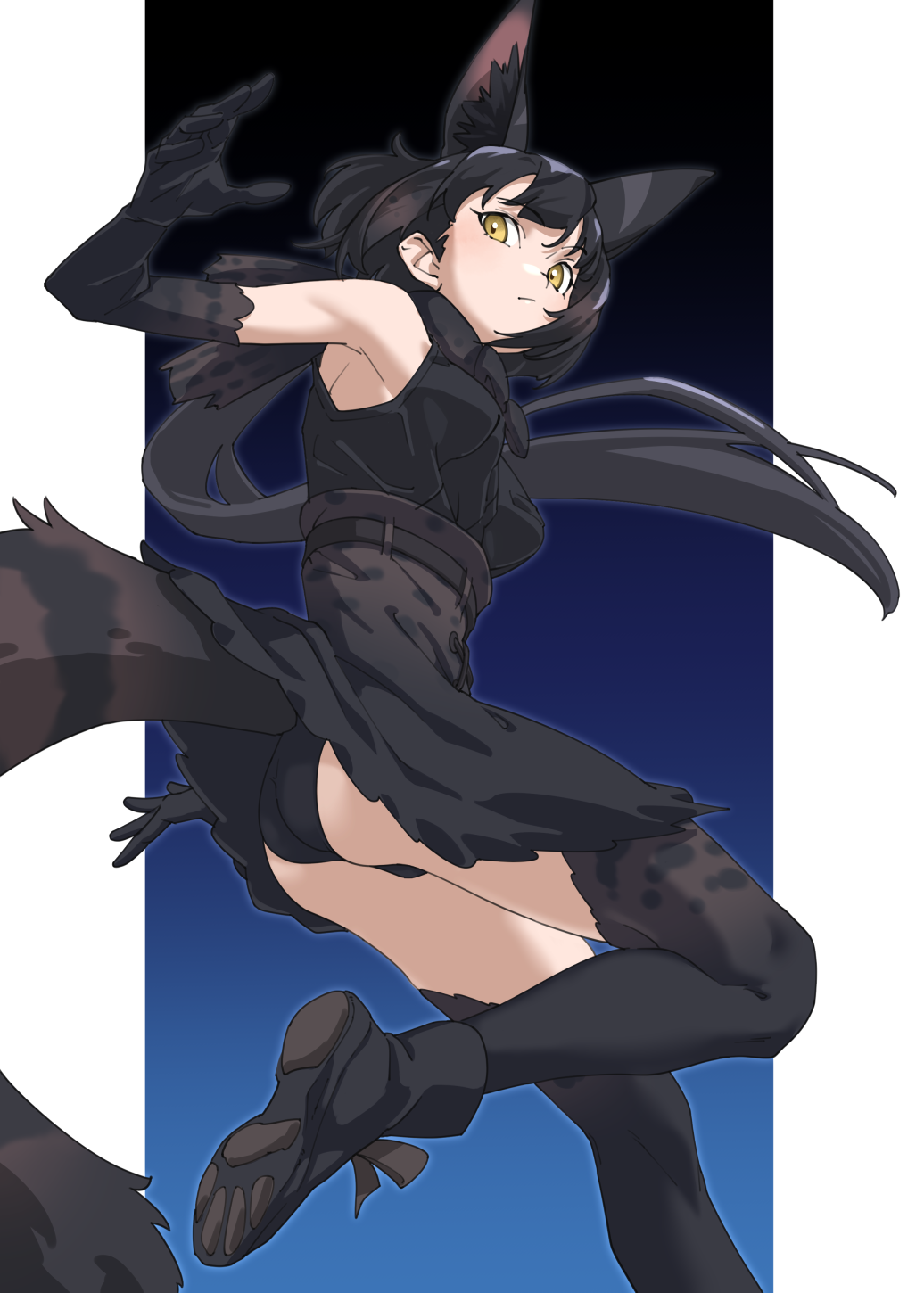 1girl animal_ear_fluff animal_ears animal_print ass bare_shoulders belt black_background black_boots black_bow black_bowtie black_gloves black_hair black_panties black_serval_(kemono_friends) black_skirt black_thighhighs blue_background boots bow bowtie breasts cat_ears cat_girl cat_tail commentary elbow_gloves extra_ears foot_out_of_frame gloves gradient_background high-waist_skirt highres kemono_friends long_sleeves looking_at_viewer low_ponytail medium_breasts multicolored_background panties pantyshot paw_print_soles ponytail print_gloves print_skirt print_thighhighs shirt simple_background skirt sleeveless sleeveless_shirt solo tail tanabe_(fueisei) thighhighs underwear white_background yellow_eyes